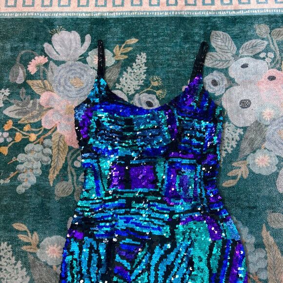 Black Tie By Oleg Cassini Mini Dress Womens Size 4 Blue Purple Sequined Beaded - Picture 8 of 16